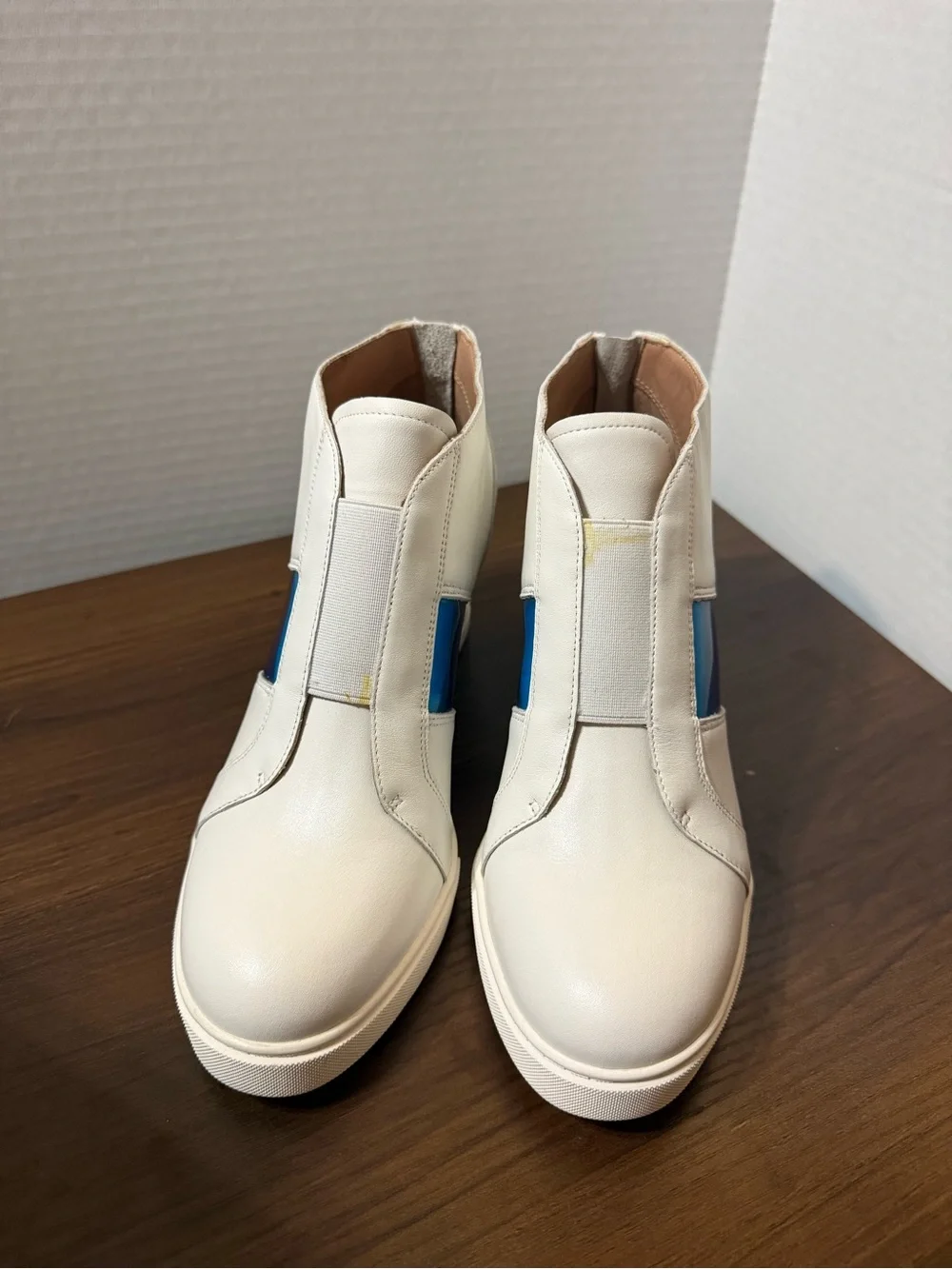 Linea Paolo White Leather Wedge Sneakers with Colorful Panels